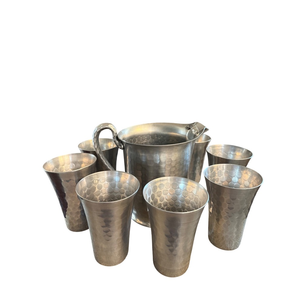 Everlast Forged Aluminum Pitcher 1172 and 8 Tumblers Set Hammered Vintage MCM